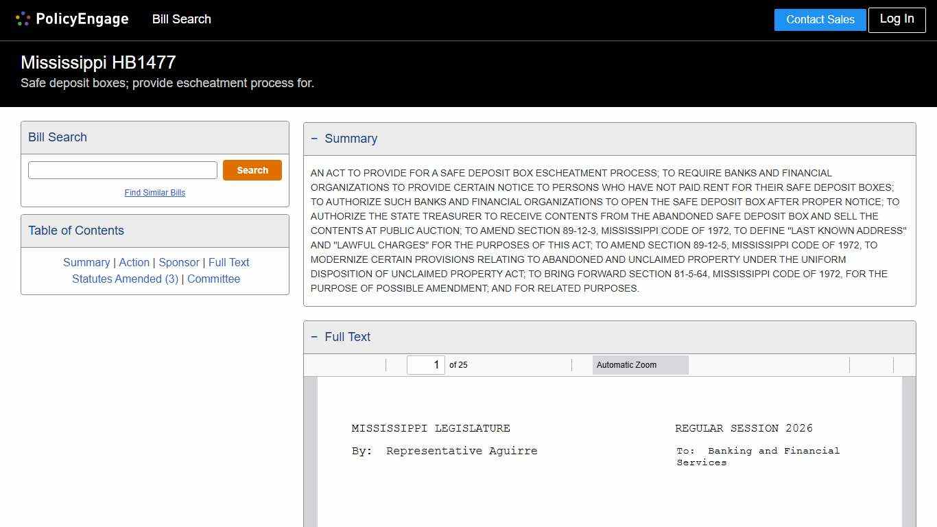 HB1477 Mississippi 2026 Safe deposit boxes; provide escheatment process for. - Legislative Tracking PolicyEngage